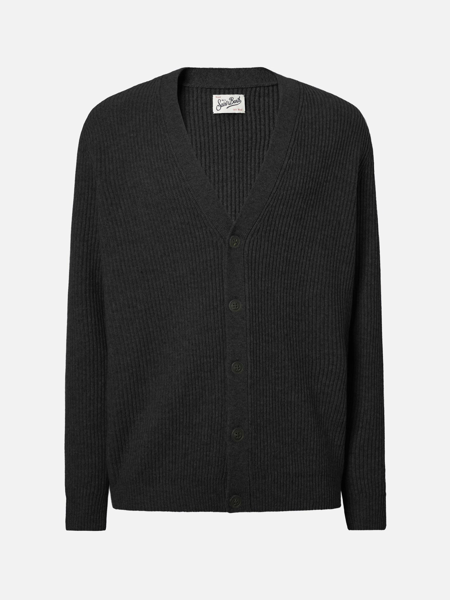 Herrison cardigan in 100% black WOOL with English rib knit