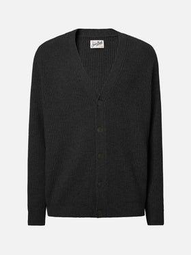 Herrison cardigan in 100% black WOOL with English rib knit