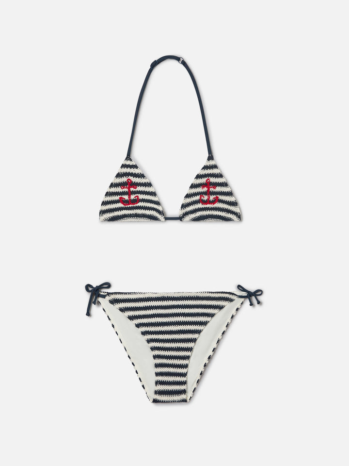 Bikini de crochet a rayas Holly con bordado náutico 