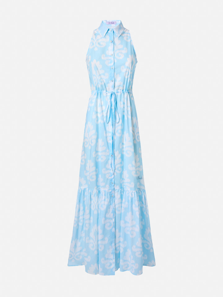 Abito lungo Ida con scollo all'americana e stampa ikat