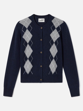 Cardigan Sierra blu navy in misto lana e cashmere con motivo argyle