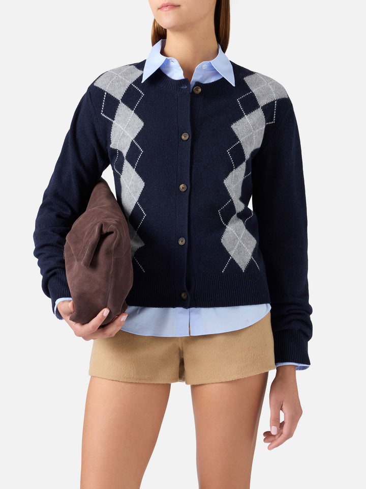 Navy blue Sierra wool and cashmere blend cardigan with argyle pattern