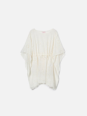 Iria short kaftan in white sangallo textile