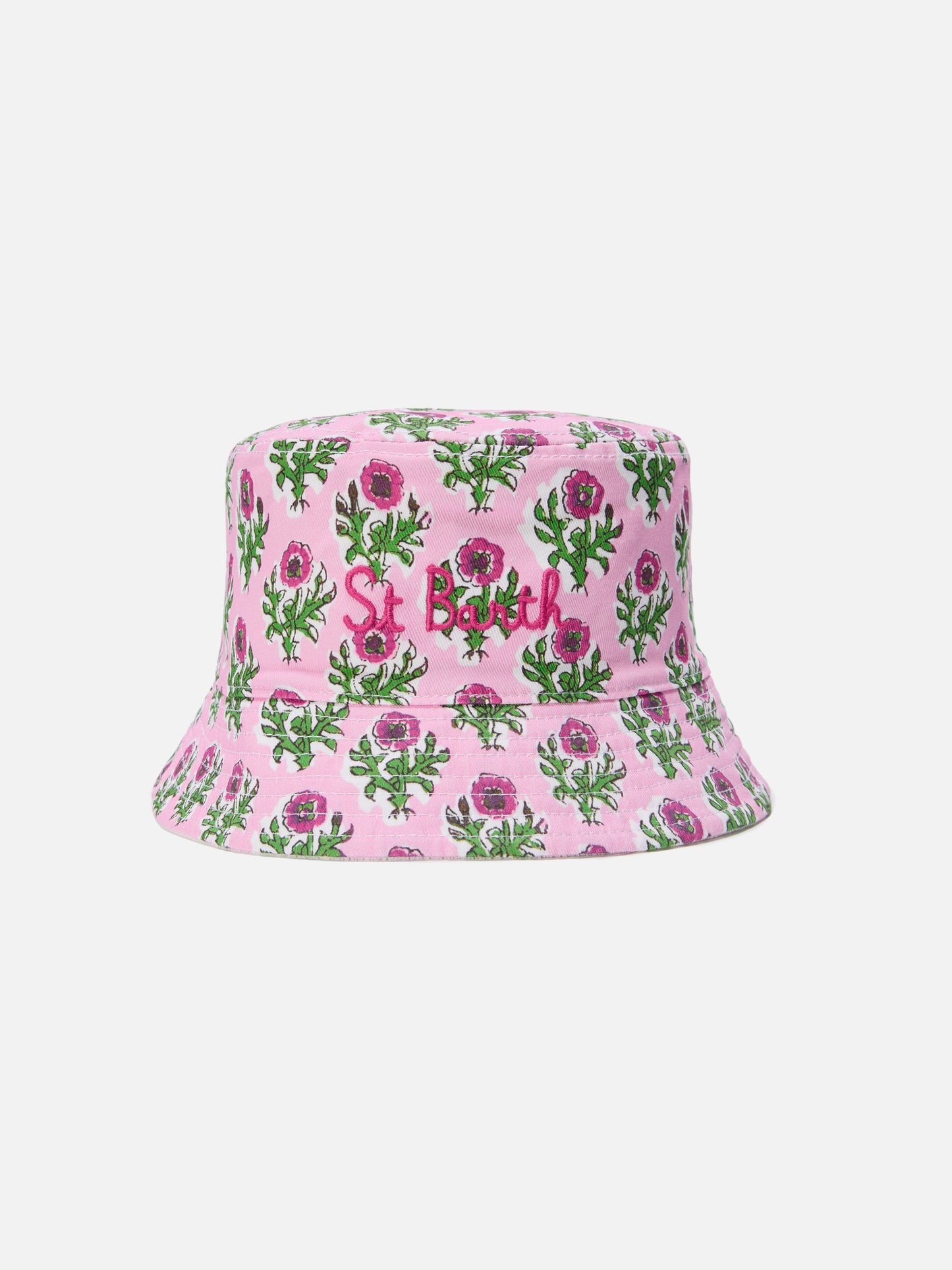 Reversible bucket hat in boho floral print and white terry cloth