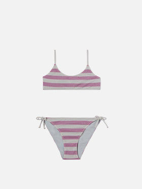 Bikini Jaiden a righe rosa e silver in maglina lurex