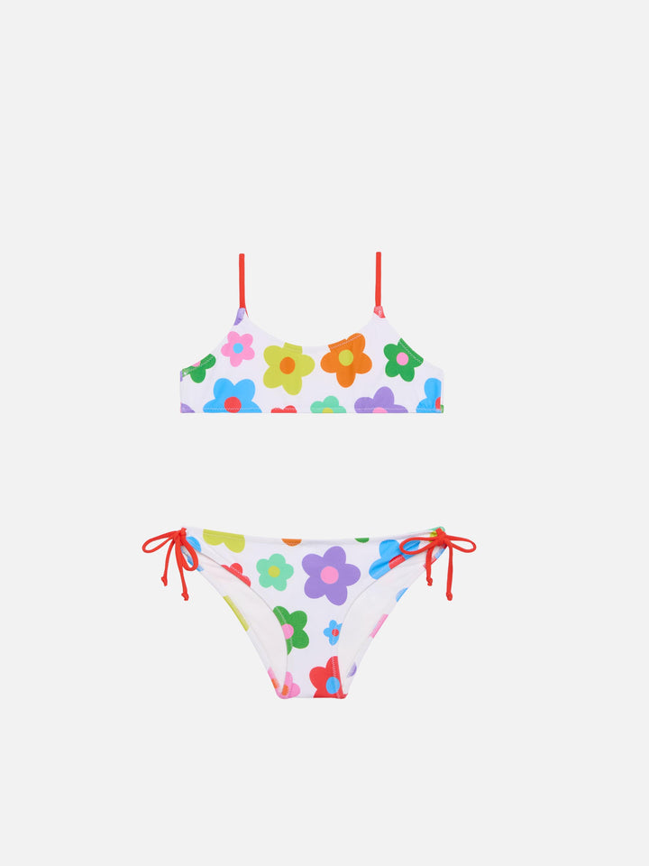 Bikini da bambina a bralette con stampa margherite multicolore