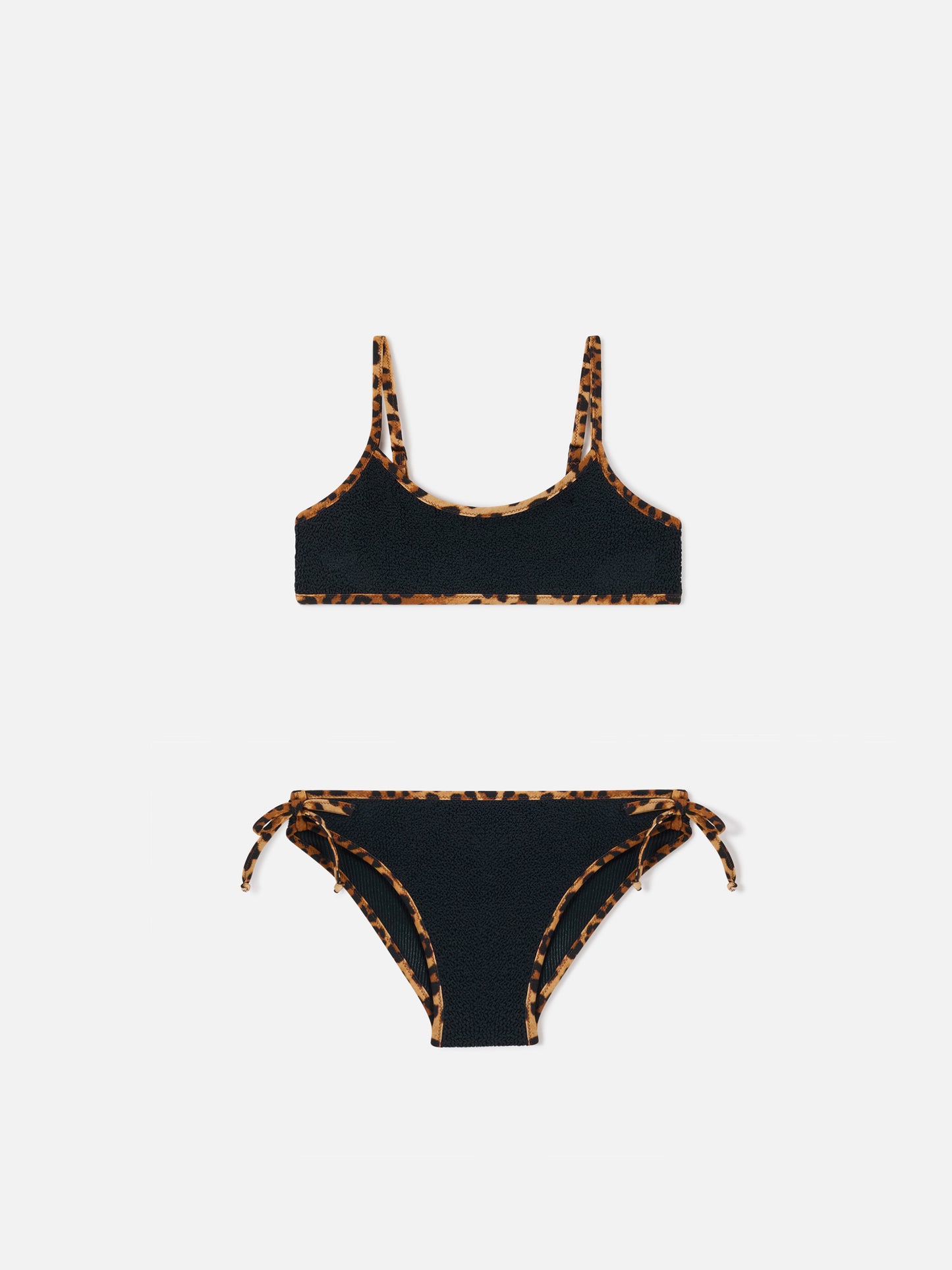 Bikini noir en tissu crinkle Jaiden String avec finitions léopard 