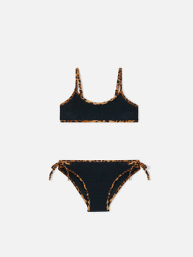 Bikini noir en tissu crinkle Jaiden String avec finitions léopard 