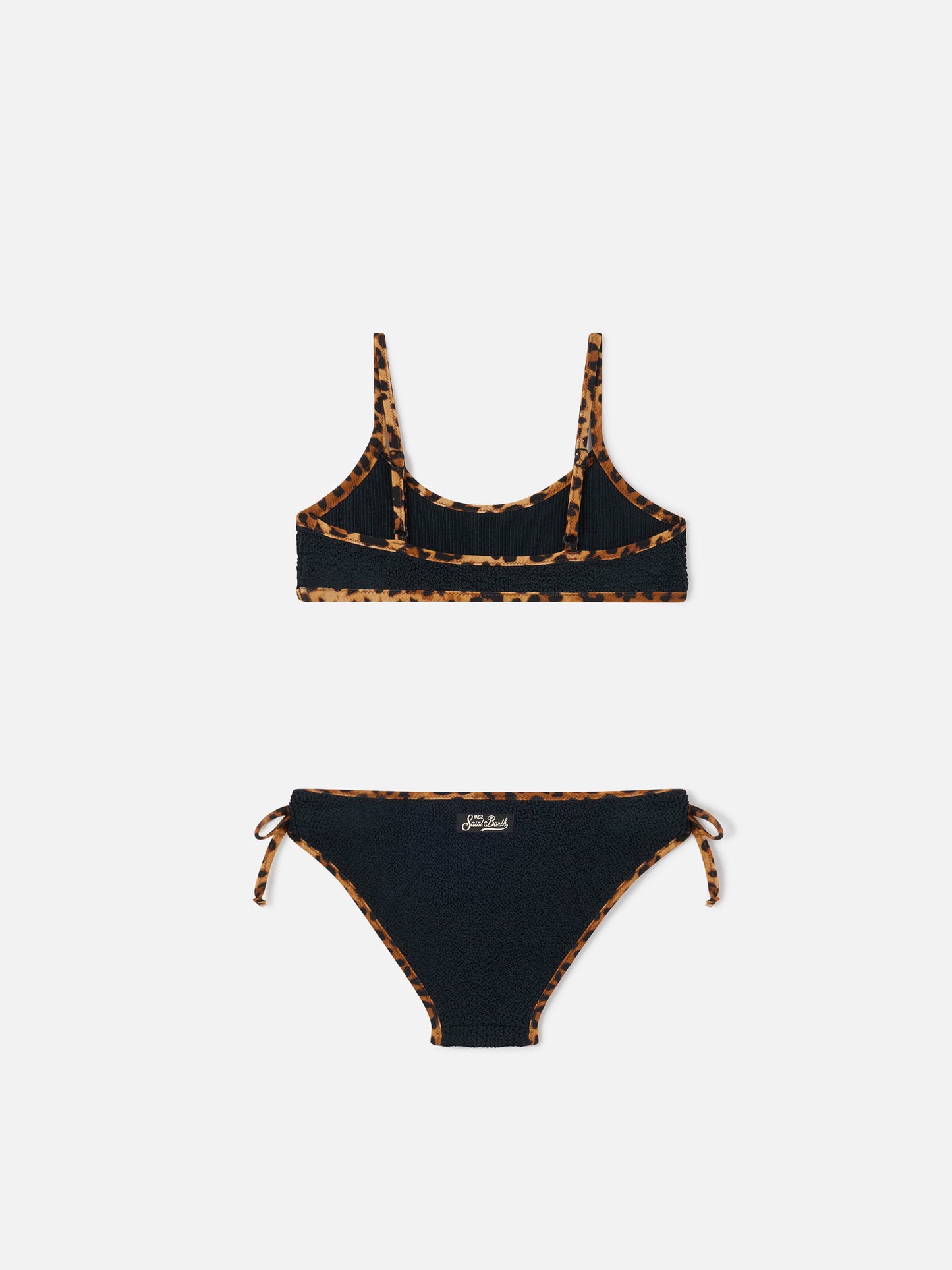 Bikini noir en tissu crinkle Jaiden String avec finitions léopard 