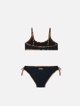 Bikini noir en tissu crinkle Jaiden String avec finitions léopard 