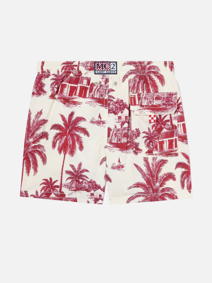 Jean-Badeshorts mit rotem Toile de Jouy-Print 