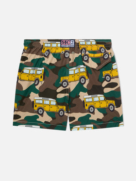 Boy lightweight fabric swim-shorts Jean Lighting with off-road car print