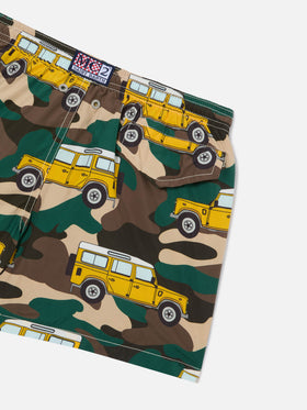 Boy lightweight fabric swim-shorts Jean Lighting with off-road car print