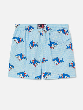 Jean Lighting swim shorts with Shark print on Gingham background