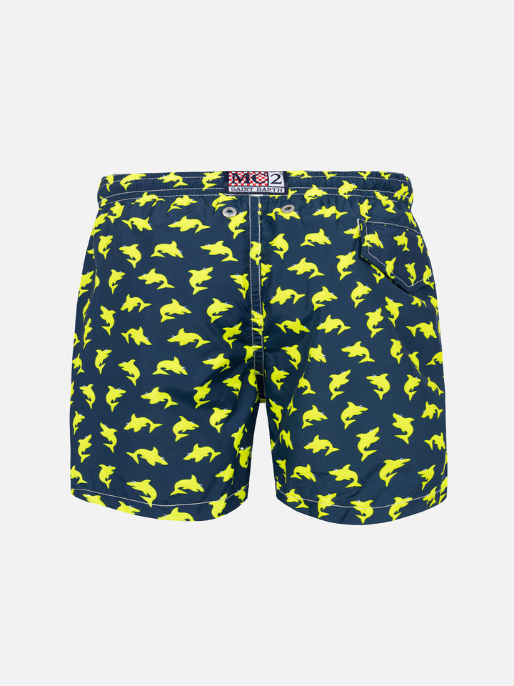 Boy light fabric swim shorts with fluo sharks print - MC2 Saint Barth