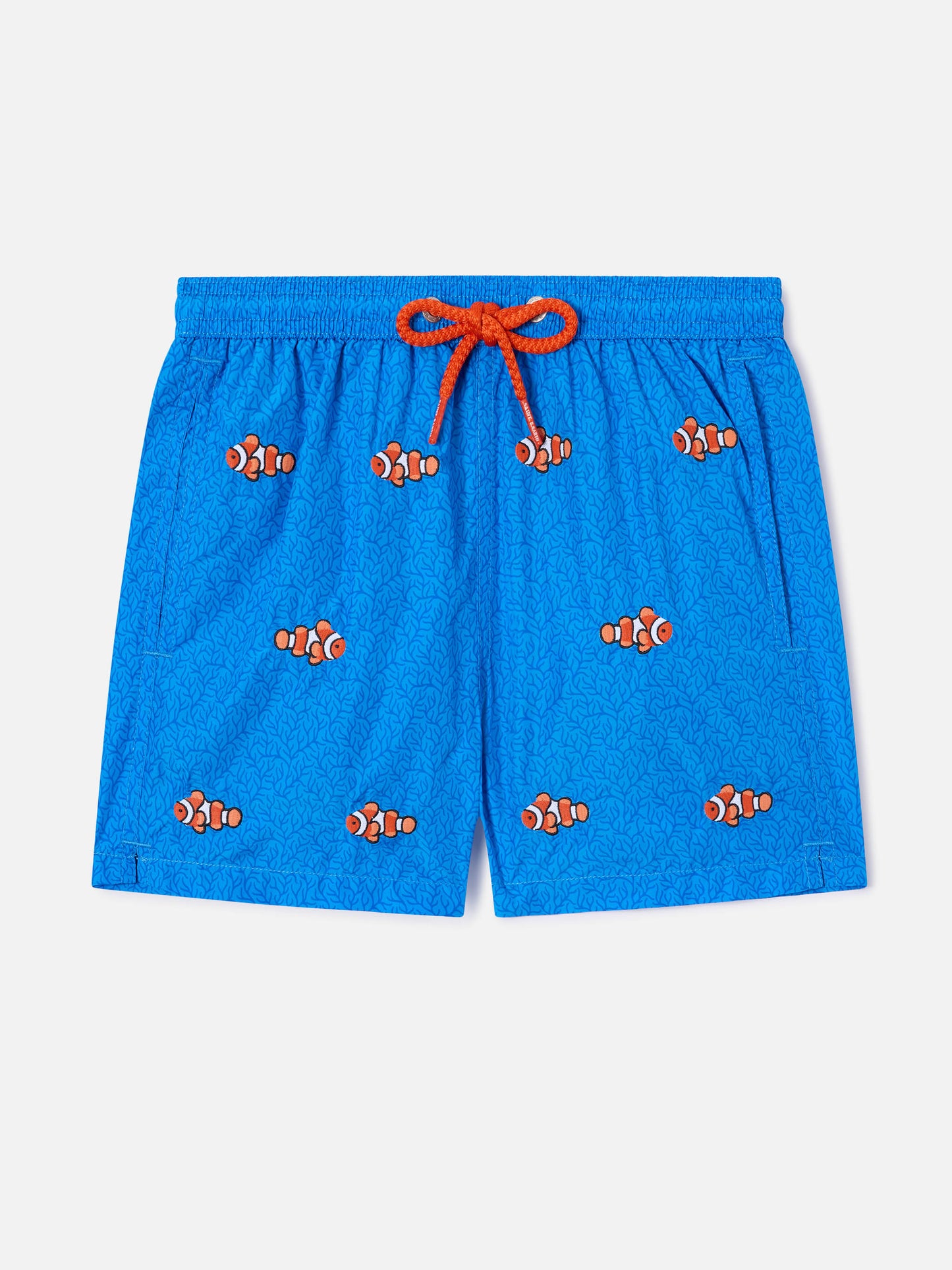 Jean Embroidery swim shorts with Clownfish on coral background