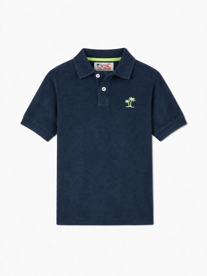Polo garçon en éponge bleue avec broderie palmier 