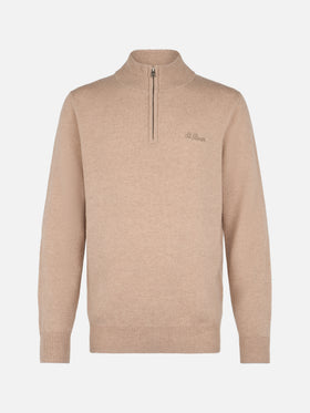 Maglione beige in lambswool con cerniera a un quarto da uomo Jermyn