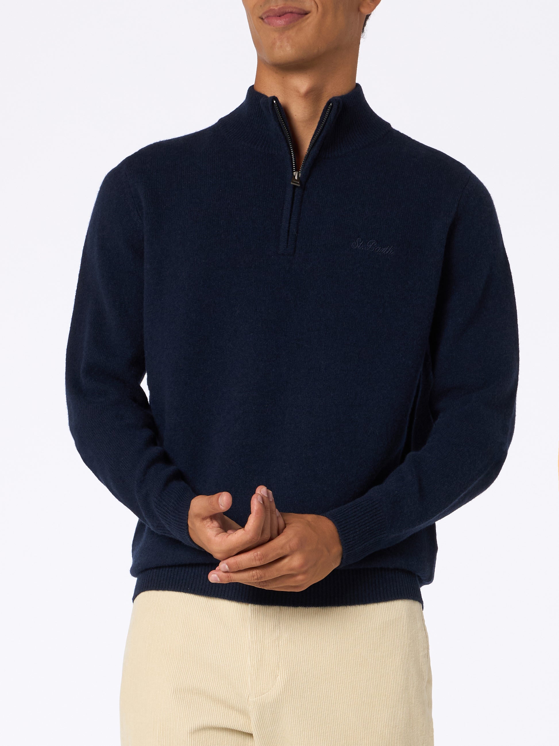 Man quarter-zip lambswool blue sweater Jermyn - MC2 Saint Barth