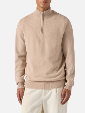 Pullover a mezza zip Jermyn in lambswool beige