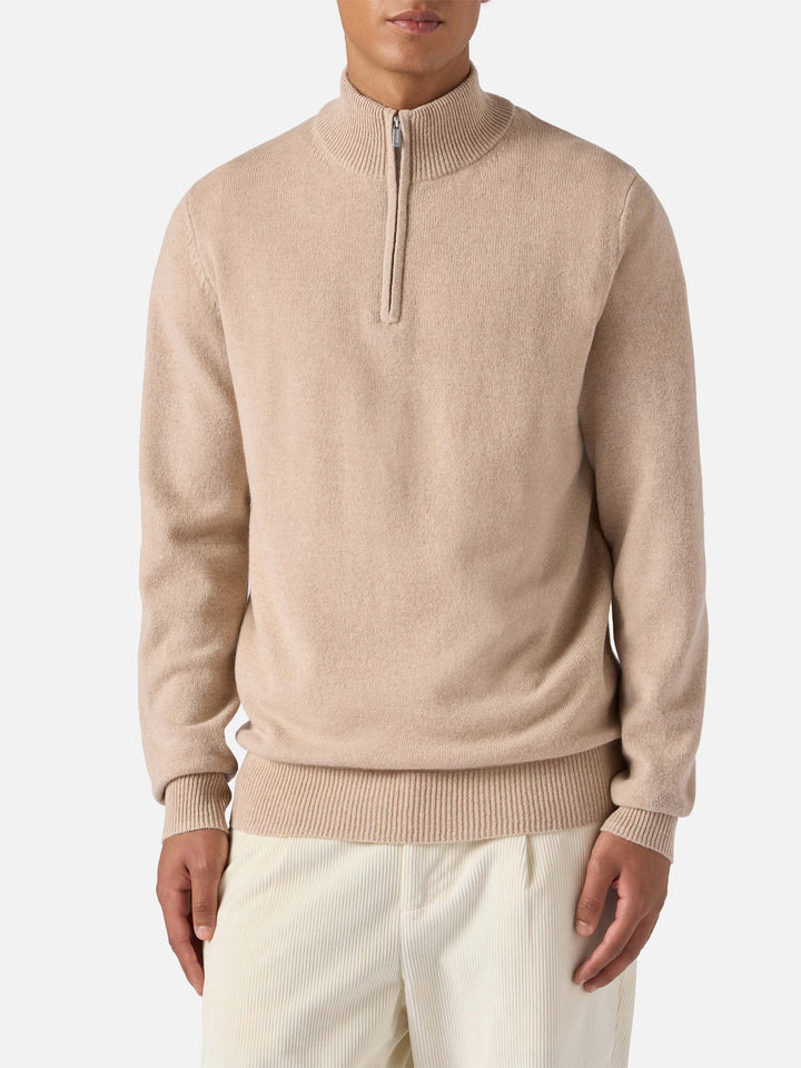 Pullover a mezza zip Jermyn in lambswool beige