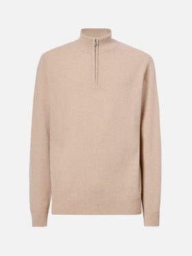 Pullover a mezza zip Jermyn in lambswool beige