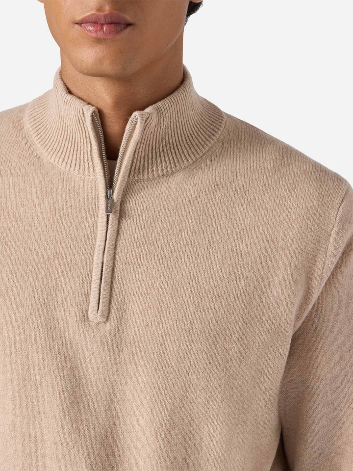 Pullover a mezza zip Jermyn in lambswool beige