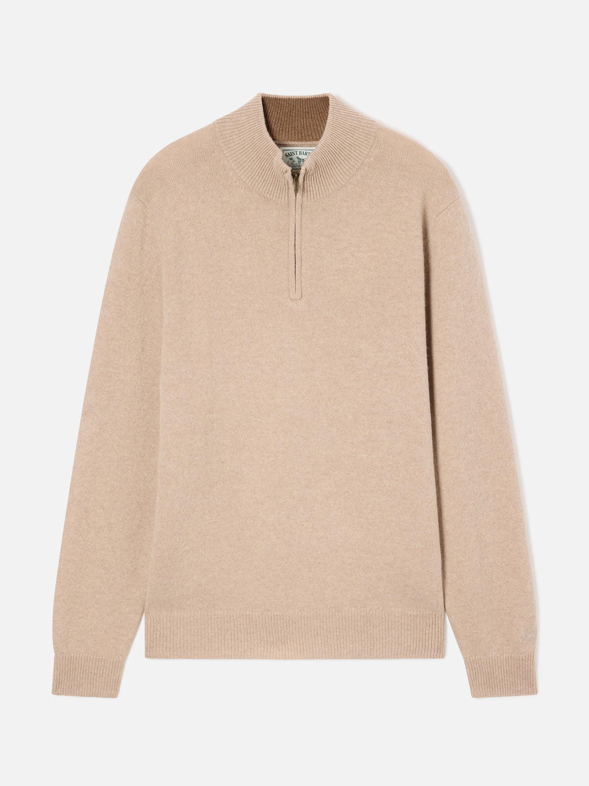 Beiger Jermyn Half-Zip-Strickpullover aus Lambswool mit kontrastierendem Kragen 