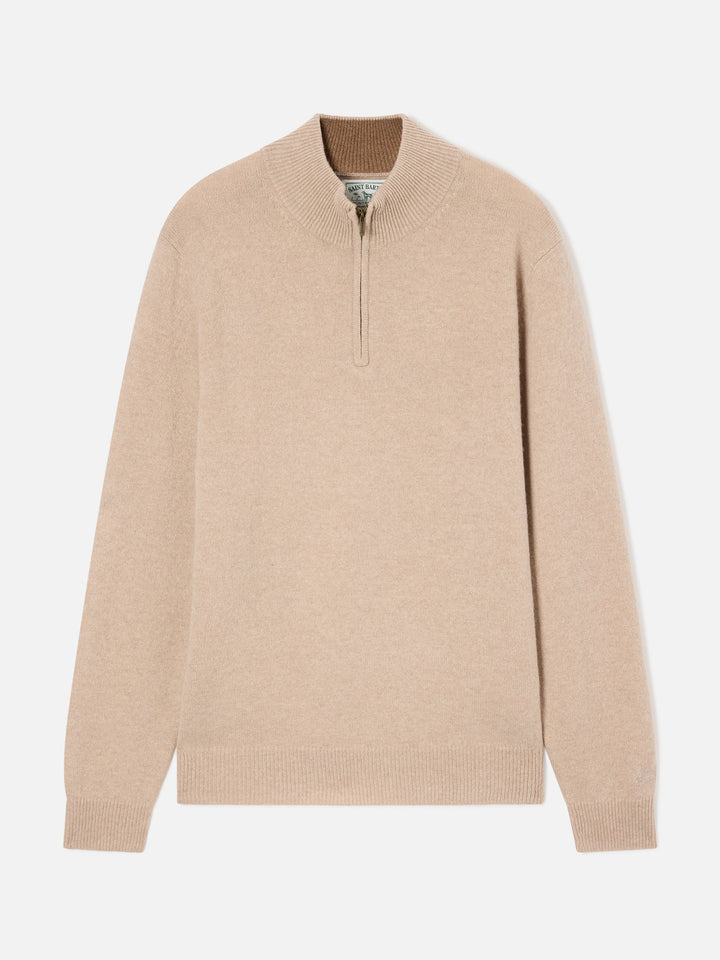 Pull demi-zip en laine d'agneau Jermyn beige avec col contrastant 
