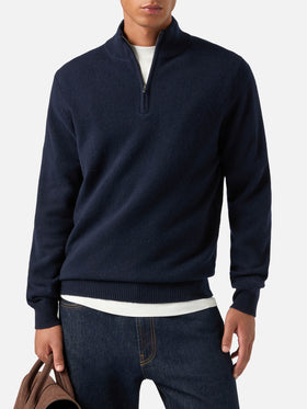 Pull en laine d'agneau Jermyn blue bleu marine à demi-zip avec col contrastant 