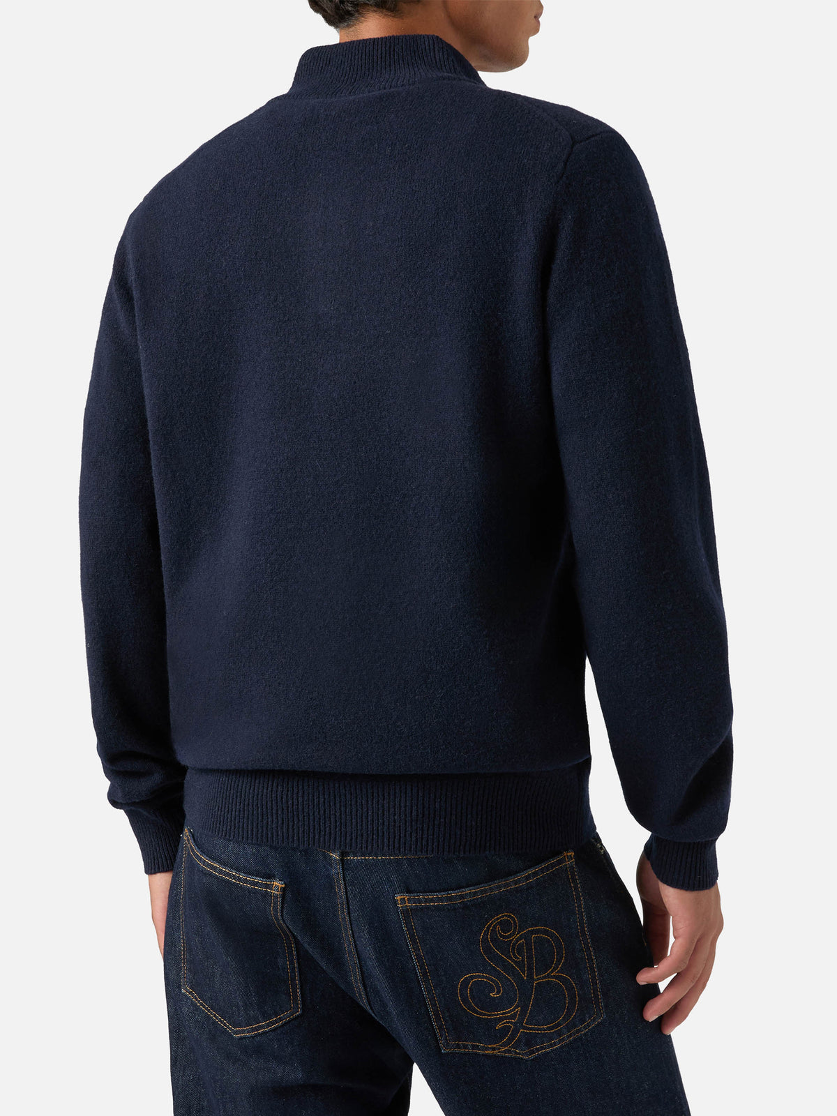 Pull en laine d'agneau Jermyn blue bleu marine à demi-zip avec col contrastant 