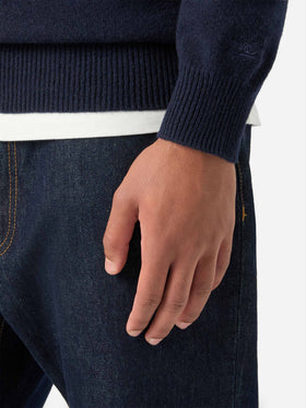 Pull en laine d'agneau Jermyn blue bleu marine à demi-zip avec col contrastant 