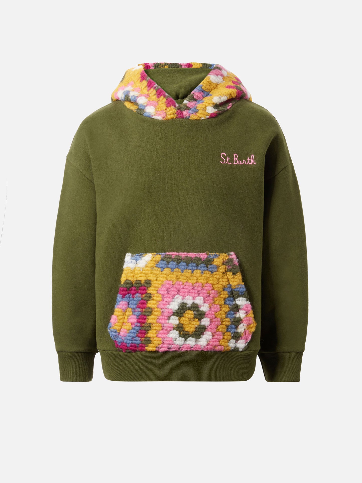 Jeune Jr green hoodie with crochet pattern