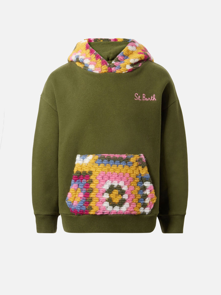 Felpa con cappuccio Jeune Jr verde con motivo crochet