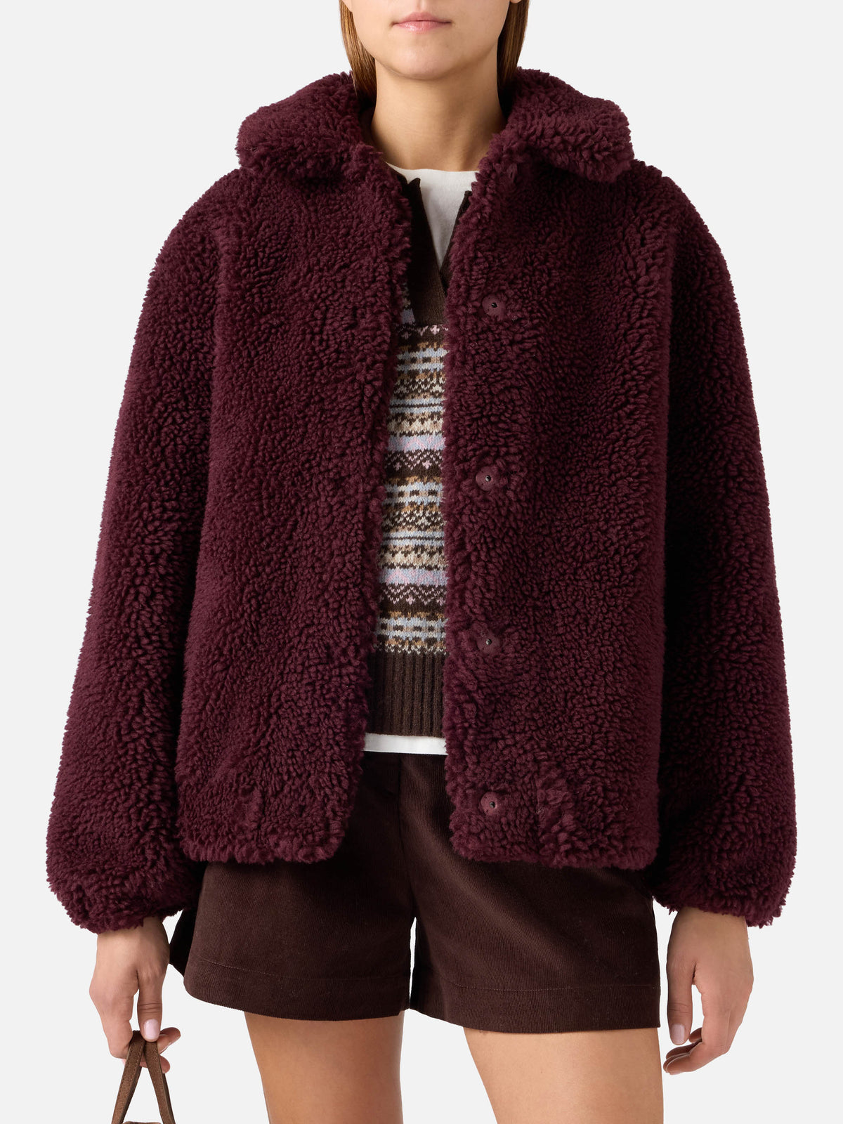 Giacca Jeanne melanzana in teddy di misto lana con patch logo