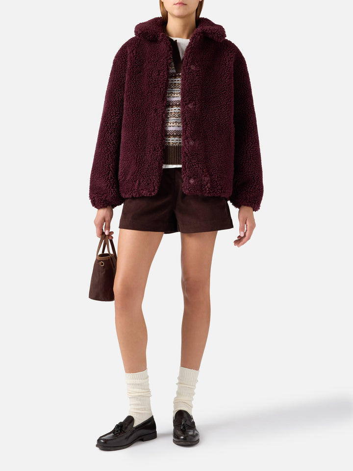 Veste teddy Jeanne en laine mélangée Aubergine avec patch logo 