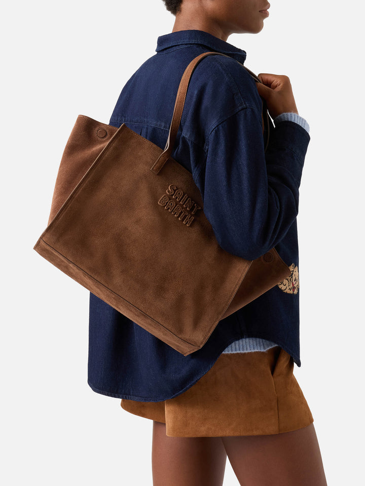 Grand sac Jour en daim marron avec broderie logo 