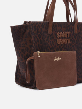 Grand sac Jour en denim avec imprimé léopard et anses en daim 