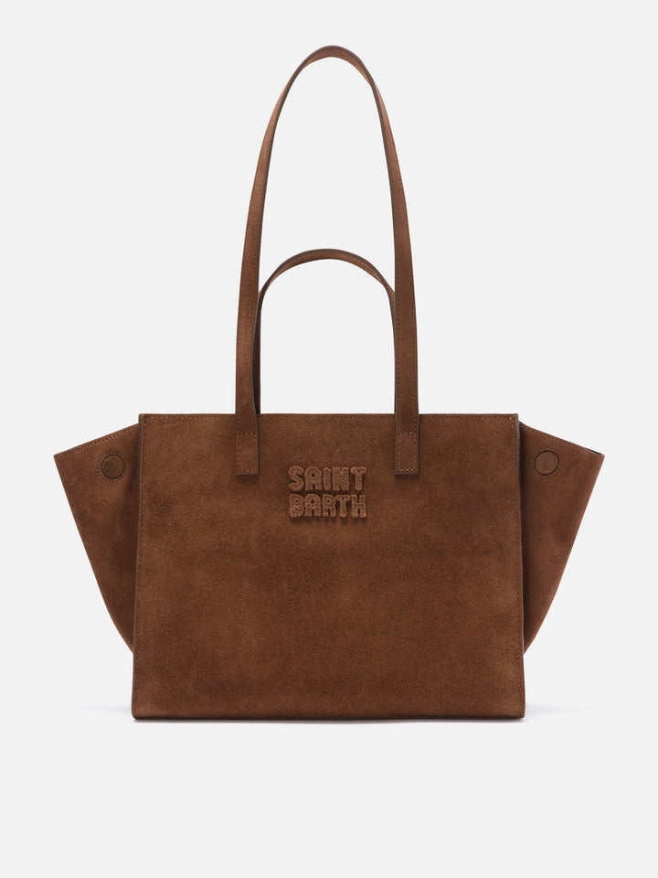 Braune mittelgroße Jour-Tasche aus Veloursleder mit Logostickerei 