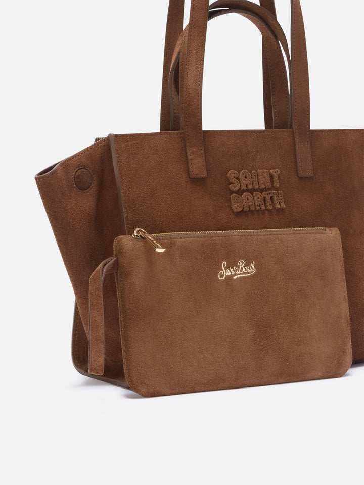 Braune mittelgroße Jour-Tasche aus Veloursleder mit Logostickerei 