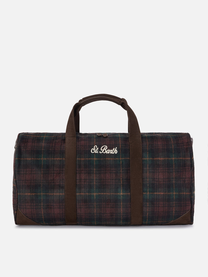 Jetleg wool blend duffle bag with tartan pattern and faux leather trims