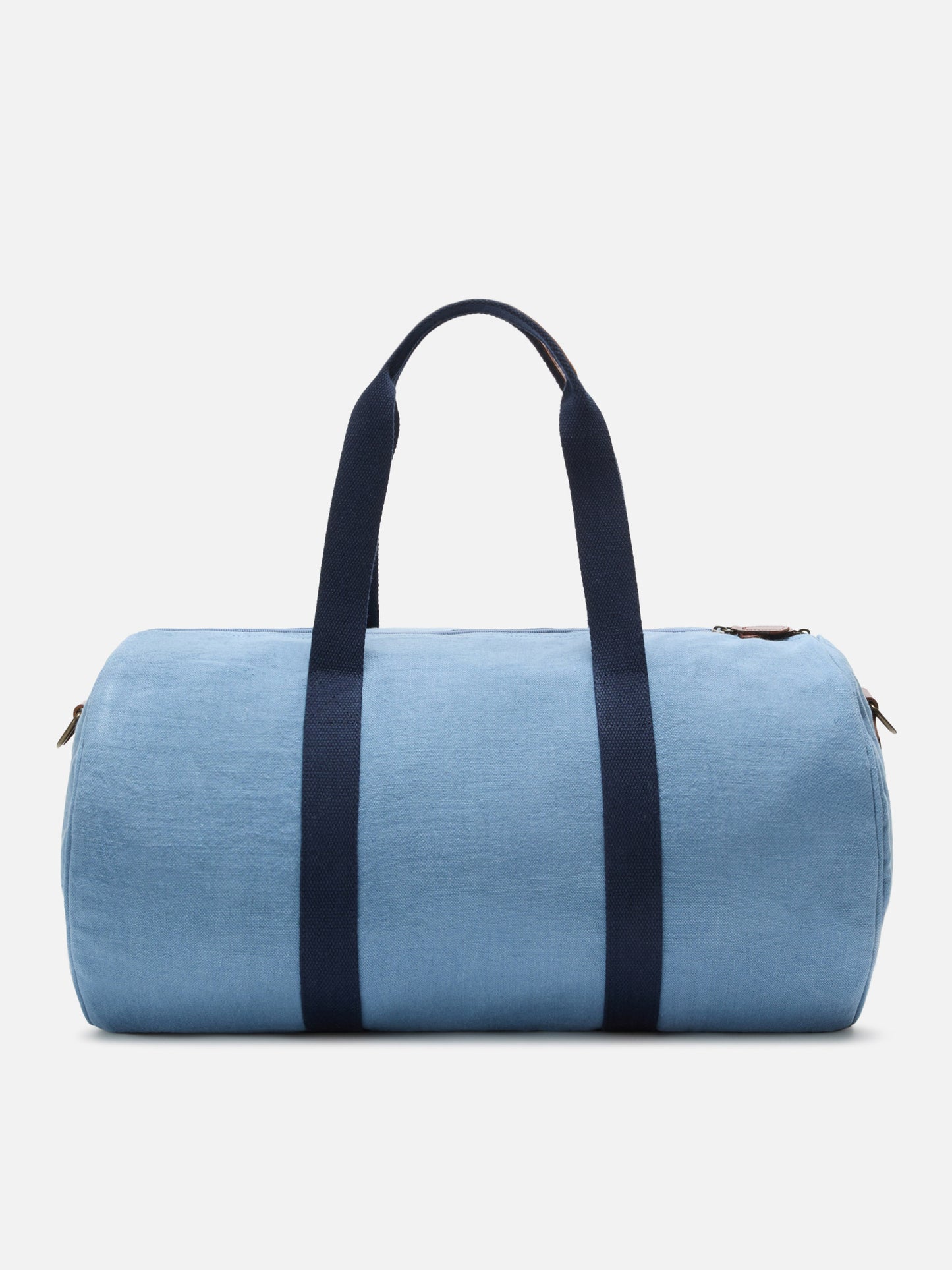 Round Jetleg blue linen weekender with contrasting embroidered logo