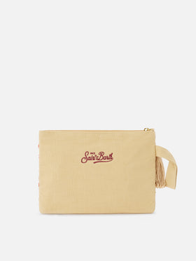 Pochette in juta con fantasia corallo ricamata