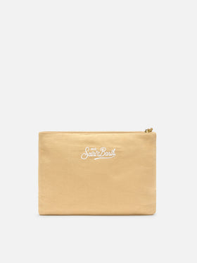 Jute pouch with embroidered palm pattern