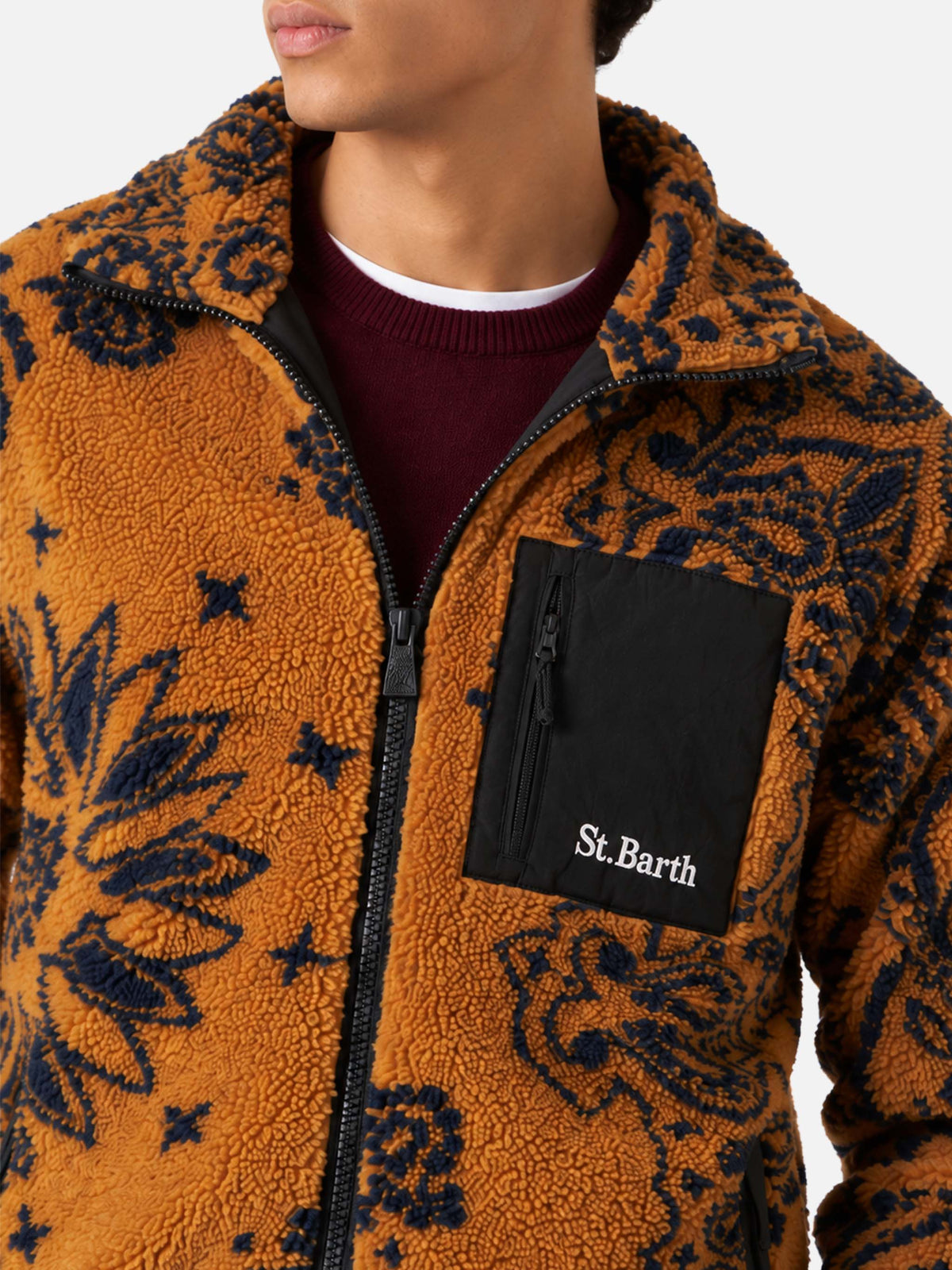 Ochre Keystone sherpa fleece jacket with all-over pattern
