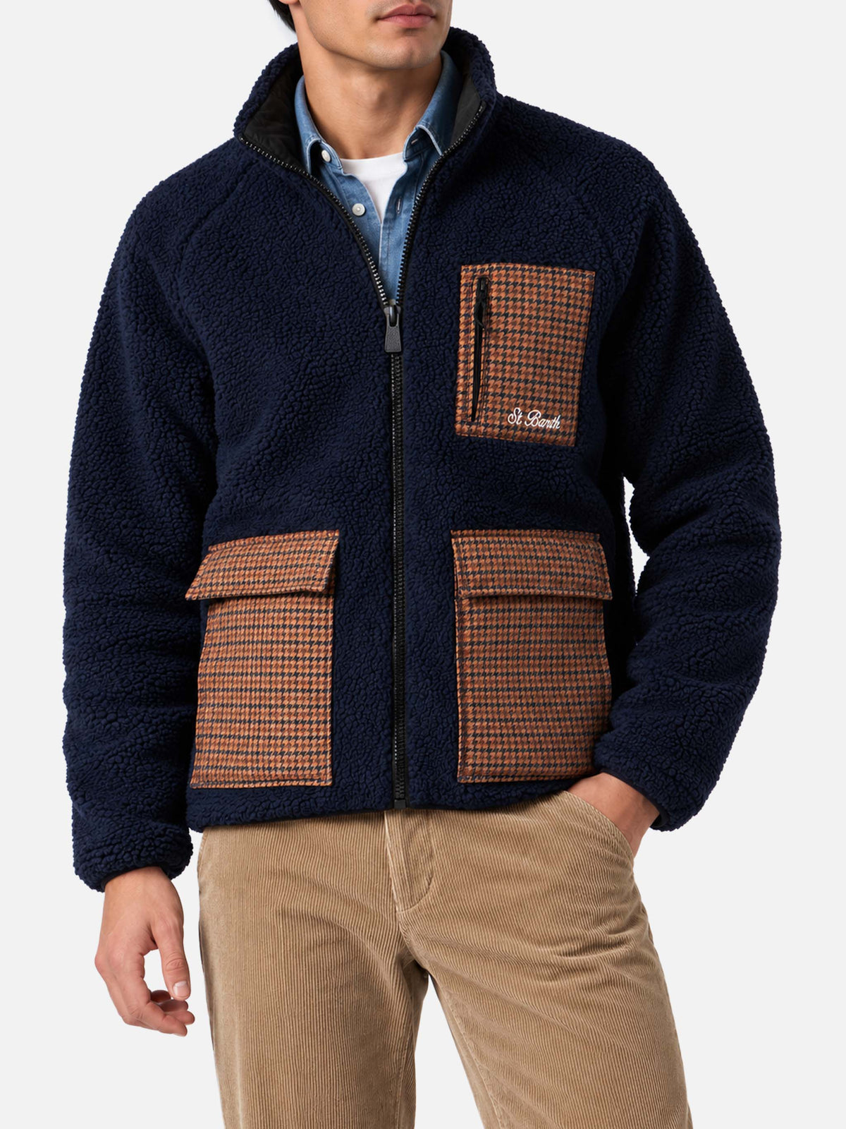 Blue Keystone sherpa jacket with check pockets