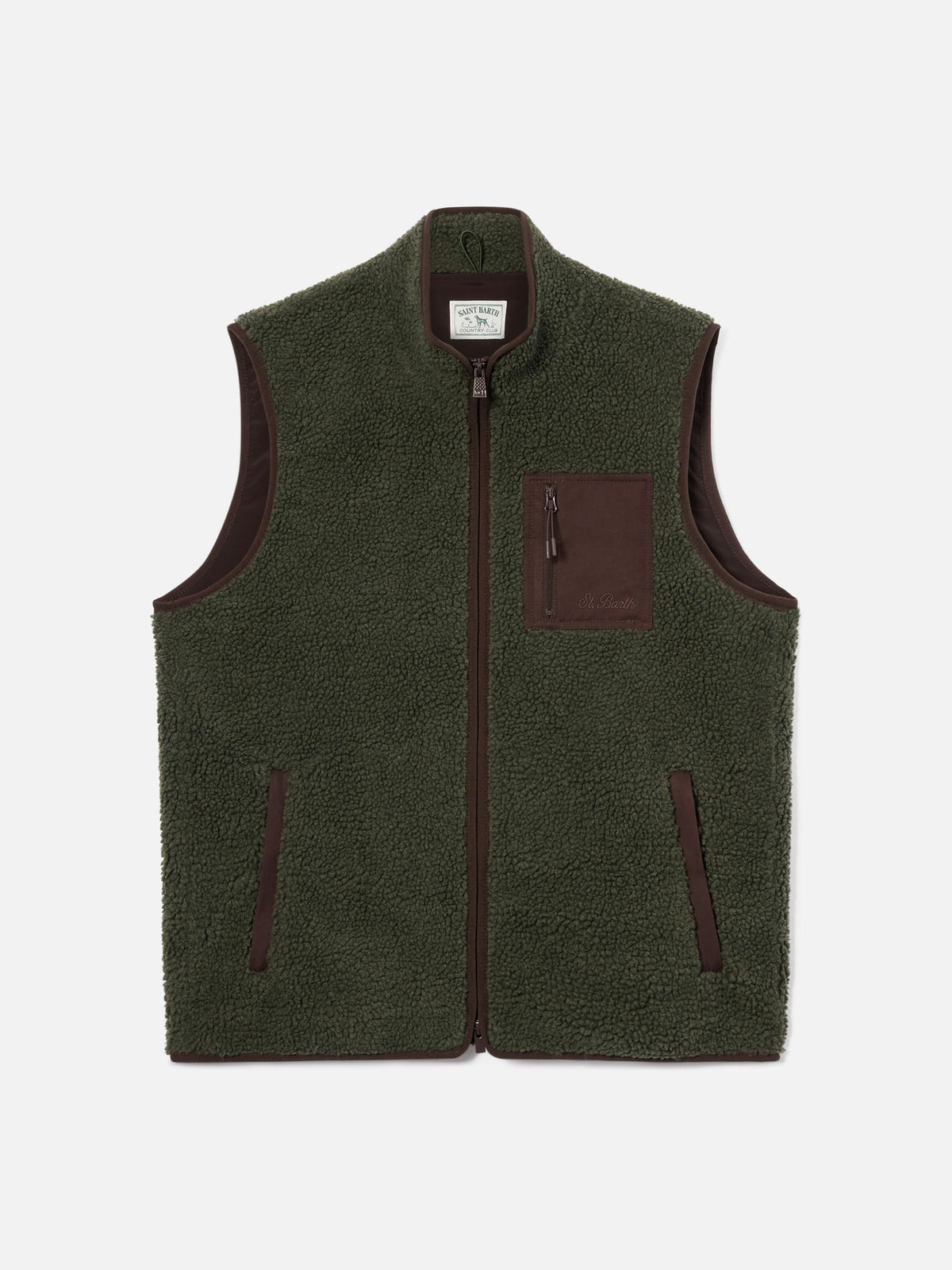 Military green Keystone teddy vest with zip closure