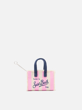Striped fabric mini bag–shaped keychain with embroidered logo