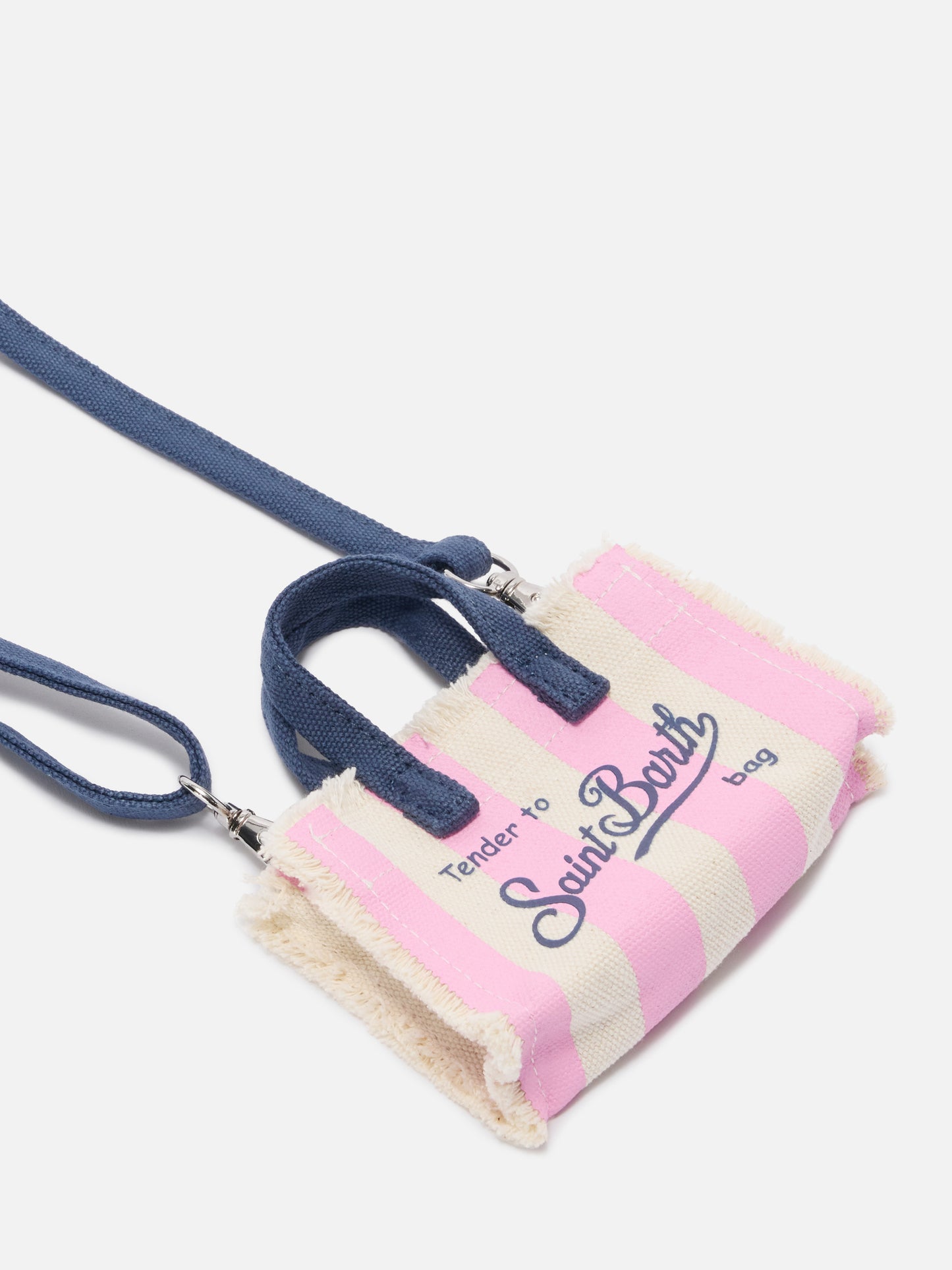 Striped fabric mini bag–shaped keychain with embroidered logo