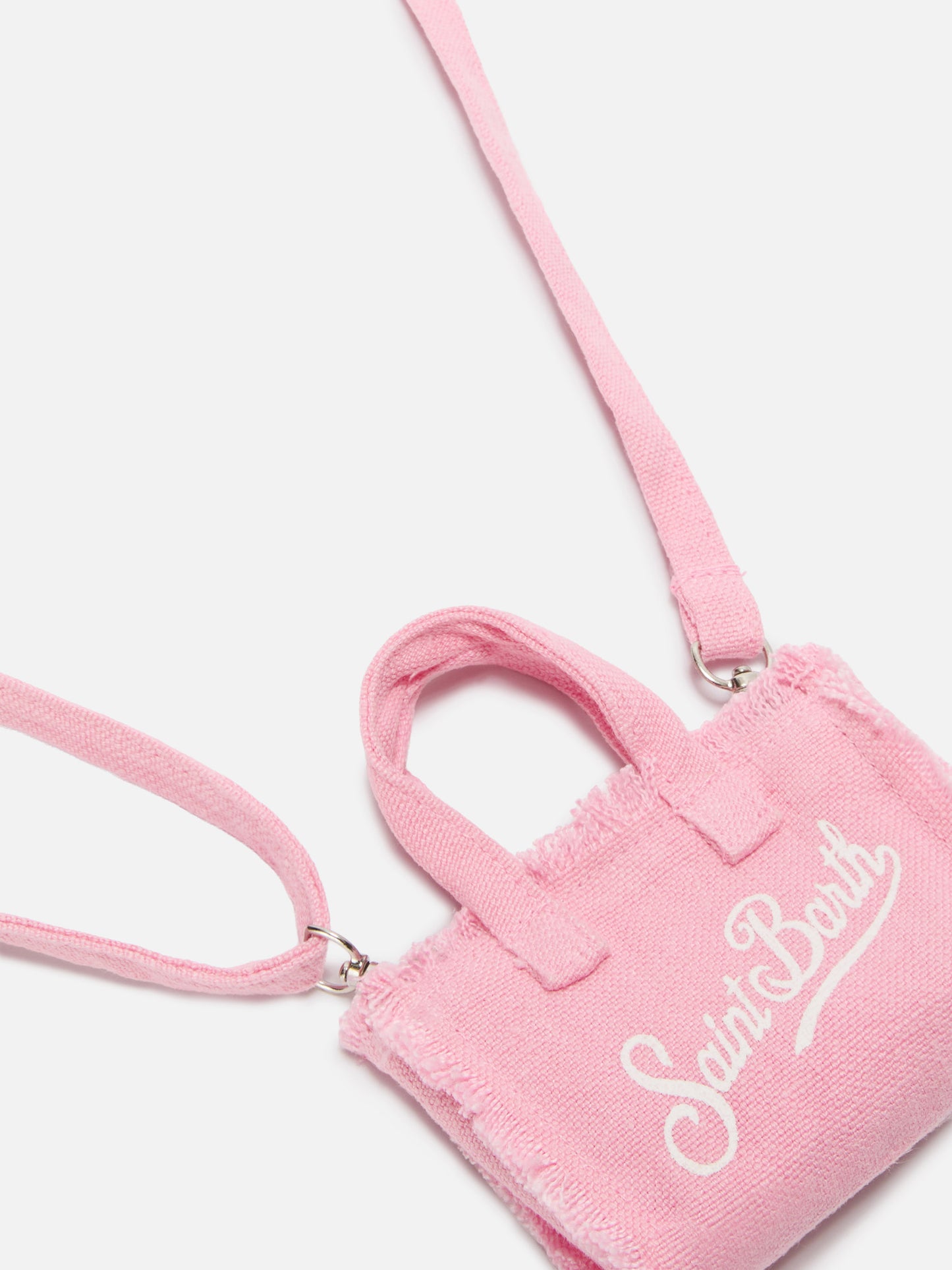 Pink linen mini bag–shaped keychain with printed logo